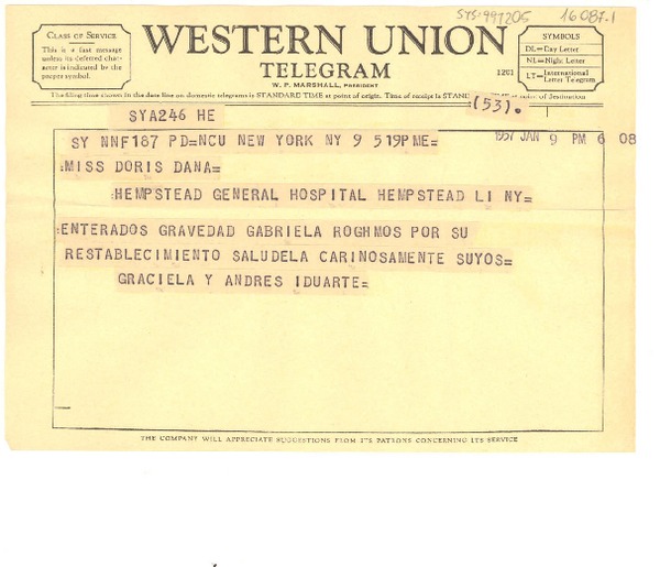 [Telegrama] 1957 jan. 9, New York, [Estados Unidos] [a] Doris Dana, Hempstead Hospital, New York, [Estados Unidos]