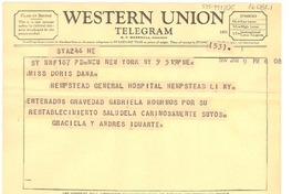 [Telegrama] 1957 jan. 9, New York, [Estados Unidos] [a] Doris Dana, Hempstead Hospital, New York, [Estados Unidos]