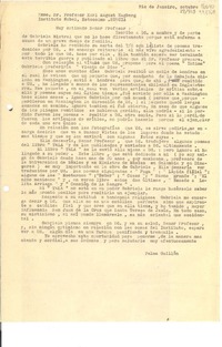 [Carta] 1943 dic. 27, Rio de Janeiro, [Brasil] [al] Exmo. Sr. Profesor Karl August Hagberg, Instituto Nobel, Estocolmo, Suecia