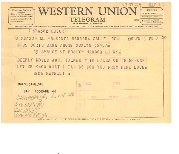 [Telegrama] 1957 jan. 10, Santa Barbara, California, [Estados Unidos] [a] Doris Dana, New York, [Estados Unidos]