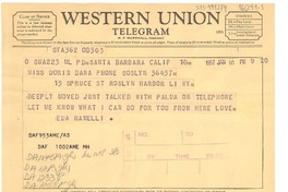 [Telegrama] 1957 jan. 10, Santa Barbara, California, [Estados Unidos] [a] Doris Dana, New York, [Estados Unidos]