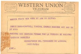 [Telegrama] 1957 jan. 11, New York, [Estados Unidos] [a] Doris Dana, New York, [Estados Unidos]