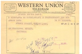 [Telegrama] 1957 jan. 11, Río de la plate [sic], [Argentina] [a] Doris Dana, New York, [Estados Unidos]
