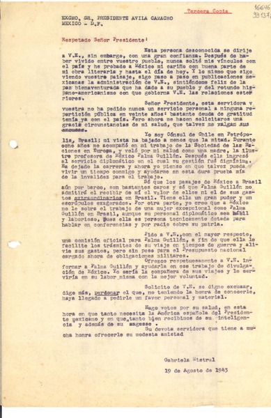 [Carta] 1943 ago. 19, [Brasil] [a] Excmo. Sr. Presidente Avila Camacho, México D. F.