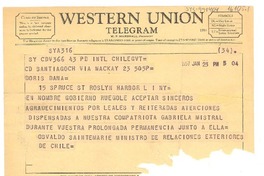 [Telegrama] 1957 jan. 23, Santiago, Chile [a] Doris Dana, New York, [Estados Unidos]