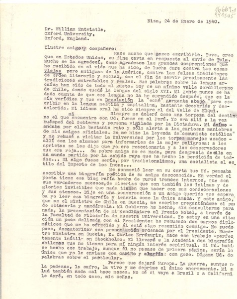 [Carta] 1940 ene. 24, Niza, [Francia] [al] Dr. William Entwiatle [i.e. Entwistle], Oxford University, Oxford, England