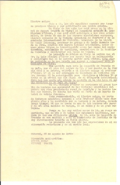 [Carta] 1940 ago. 28, Niteroi, Brasil [al] Ilustre amigo