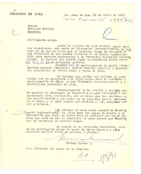 [Carta] 1952 jul. 26, St. Jean de Luz, [Francia] [a] Gabriela Mistral, Rapallo, [Italia]