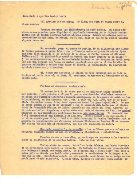 [Carta] 1948 dic. [a] Recordado y querido Castro Leal