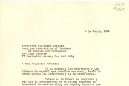 [Carta] 1954 jun. 8 [al] President Alejandro Arratia, American Association of Teachers of Spanish and Portuguese New York Chapter, 17 Lexington Avenue, New York City, [EE.UU.]