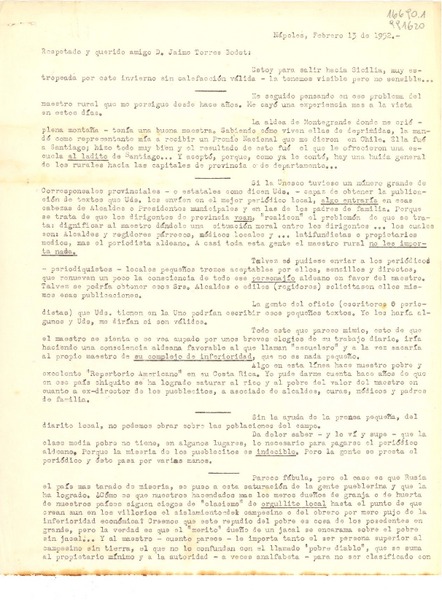 [Carta] 1952 feb. 13, Nápoles, [Italia] [al] Respetado y querido amigo D. Jaime Torres Bodet