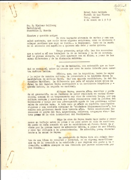 [Carta] 1949 ene. 2, Hotel Ruiz Galindo, Fortín de las Flores, Ver., Mexico [al] Sr. D. Hjalmar Gullberg, Radiotjanst, Stockholm 7, Suecia