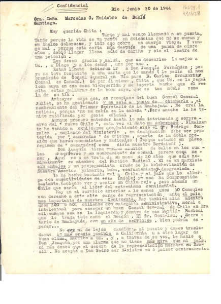 [Carta] 1944 jun. 20, Rio, [Brasil] [a la] Sra. Doña Mercedes G. Huidobro de Dublé, Santiago, [Chile]