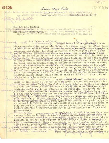 [Carta] 1946 dic. 20, [Guayaquil, Ecuador] [a] Gabriela Mistral, Morovia [sic], Los Angeles, cal., U.S.A.