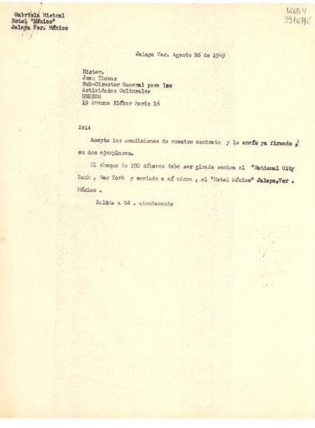 [Carta] 1949 ago. 26, Jalapa, Ver., México [a] Mister Jean Thomas, Sub-Director General para las Actividades Culturales, Unesco, Paris