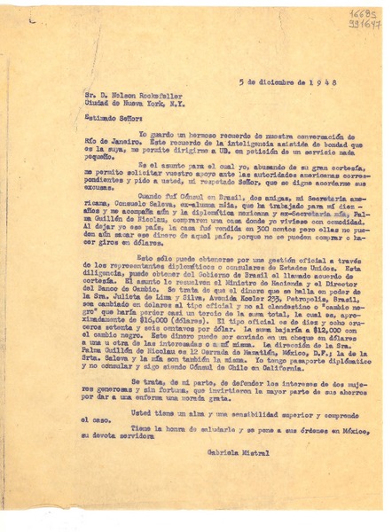 [Carta] 1948 dic. 5, México [a] Sr. D. Nelson Rockefeller, Ciudad de Nueva York, N. Y.