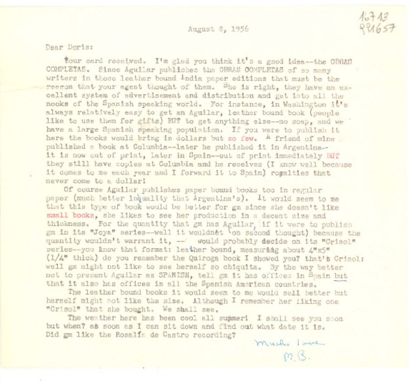[Carta] 1956 Aug. 8 [a] Dear Doris [Dana]