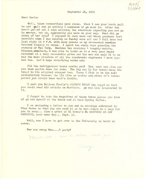 [Carta] 1956 Sept. 25 [a] Dear Doris [Dana]