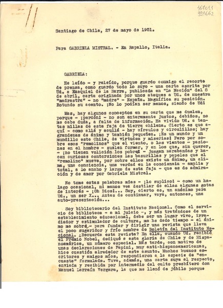 [Carta] 1951 mayo 27, Santiago de Chile [a] Gabriela Mistral, Rapallo, Italia