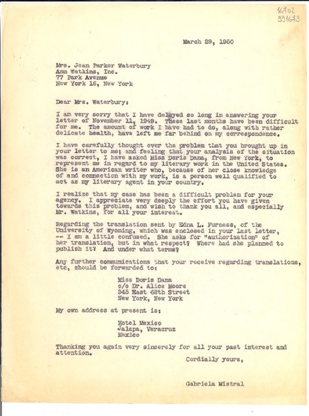 [Carta] 1950 Mar. 29, Jalapa, Veracruz, México [a] Mrs. Jean Parker Waterbury, Ann Watkins, Inc., 77 Park Avenue, New York