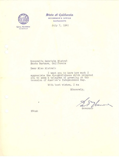 [Carta] 1947 jul. 7, [Sacramento, Estados Unidos] [a] Gabriela Mistral, Santa Barbara, California, [Estados Unidos]