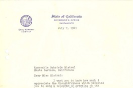 [Carta] 1947 jul. 7, [Sacramento, Estados Unidos] [a] Gabriela Mistral, Santa Barbara, California, [Estados Unidos]