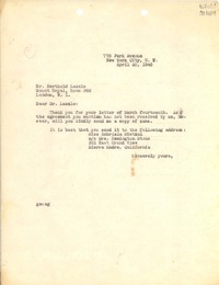 [Carta] 1946 Apr. 30, New York, [Estados Unidos] [a] Dr. Berthold Laszlo, Mount Royal, Room 392, London
