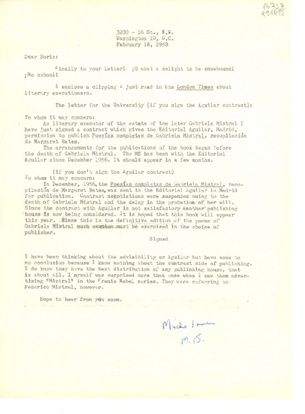 [Carta] 1958 Feb. 18, 3200 - 16 St., N.W., Washington 10, D. C., [EE.UU.] [a] Dear Doris [Dana]