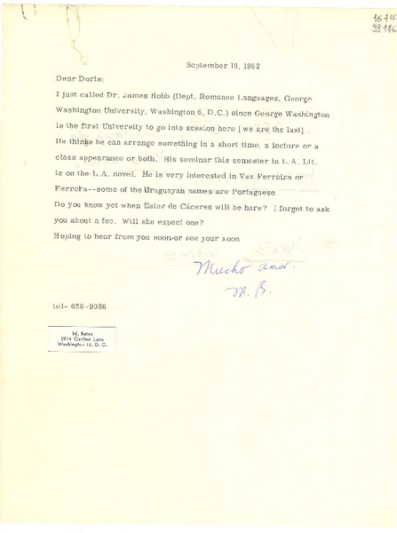 [Carta] 1962 Sept. 19, [Estados Unidos] [a] Dear Doris