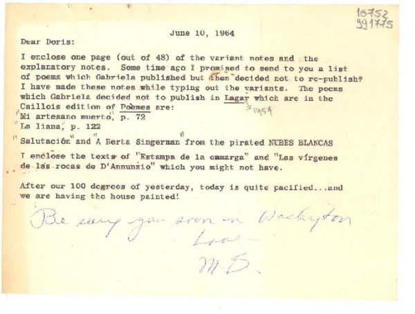 [Carta] 1964 June 10, [Estados Unidos] [a] Dear Doris