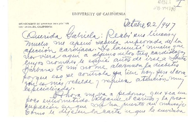 [Carta] 1947 nov. 15, [California, Estados Unidos] [a] Gabriela [Mistral]