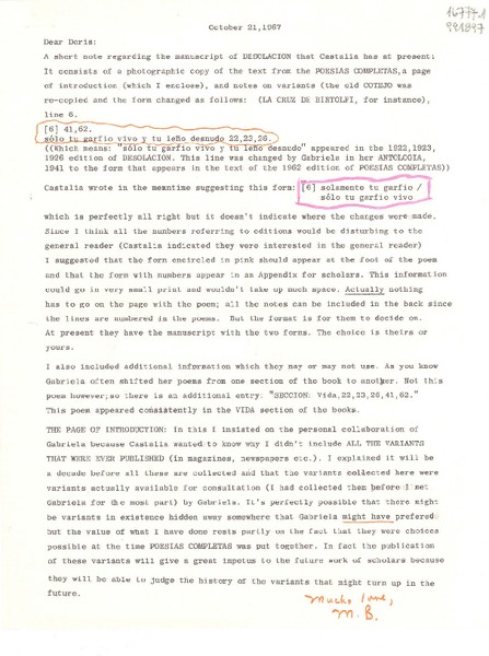 [Carta] 1967 Oct. 21, [EE.UU.] [a] Dear Doris [Dana]
