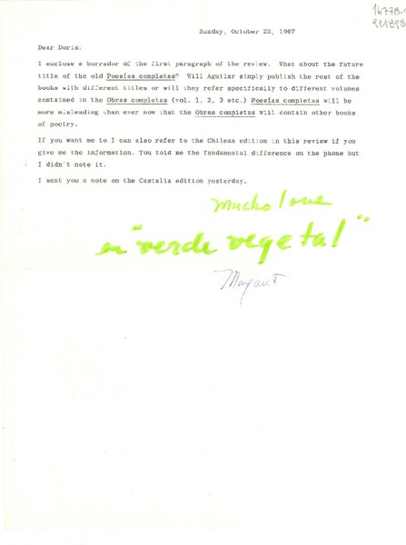 [Carta] 1967 Oct. 22, [EE.UU.] [a] Dear Doris [Dana]