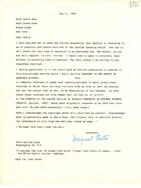 [Carta] 1965 May 21, Washington D. C., [Estados Unidos] [a] Miss Doris Dana, Hack Green Road, Pound Ridge, New York