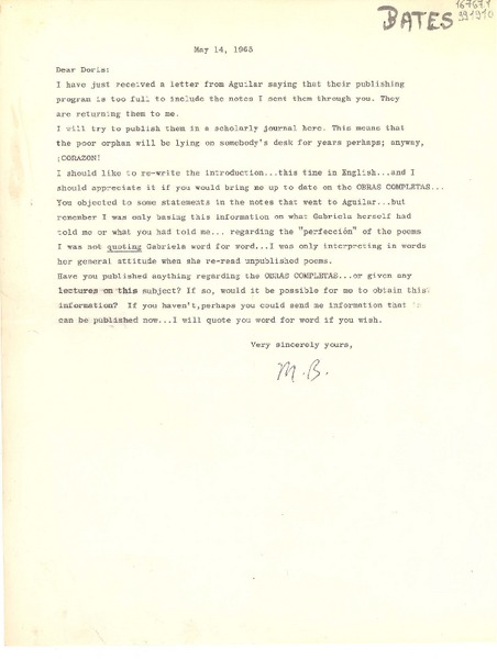 [Carta] 1965 May 14, [Estados Unidos] [a] Dear Doris