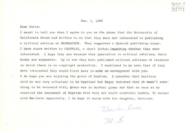 [Carta] 1966 Dec. 1, [Estados Unidos] [a] Dear Doris