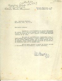 [Carta] 1946 dic. 14, Palacio Nacional, [México] [a] Gabriela Mistral, Monrovia, Cal., E.U.A.