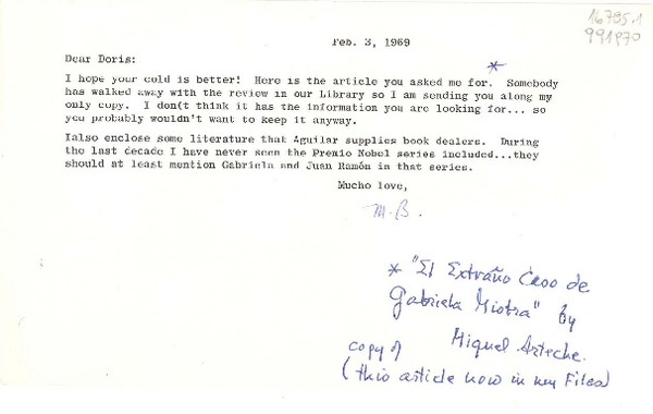 [Carta] 1969 Feb. 3, [EE.UU.] [a] Dear Doris [Dana]