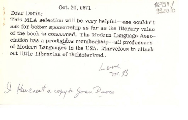 [Carta] 1971 Oct. 26, [Estados Unidos] [a] Dear Doris