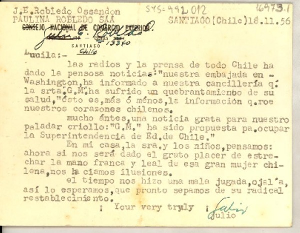 [Tarjeta] 1956 nov. 18, Santiago, Chile [a] Lucila