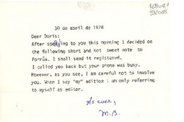[Carta] 1978 Apr. 30, Bethesda, Maryland, [Estados Unidos] [a] Doris Dana, Hildreth Lane, Bridgehampton N. Y.
