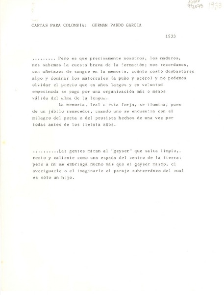 Cartas para Colombia Germán Pardo García, 1933