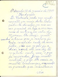 [Carta] 1945, jan. 15 Petrópolis, Brasil [a] Gabriela [Mistral]