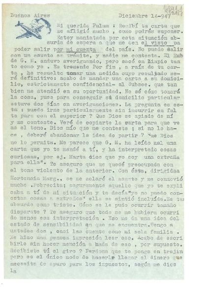 [Carta] 1947 dic. 14. Buenos Aires, [Argentina] [a] Mi querida Palma