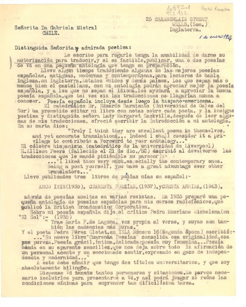 [Carta] 1954 ene. 1, 25 Chamberlain Street, Wells, (Som.), Inglaterra [a la] Señorita Gabriela Mistral, Chile