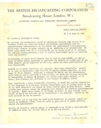 [Carta] 1946 mayo 9, Broadcasting House, London, W. I, [England] [a] Mi ilustre y distinguida amiga [Gabriela Mistral]