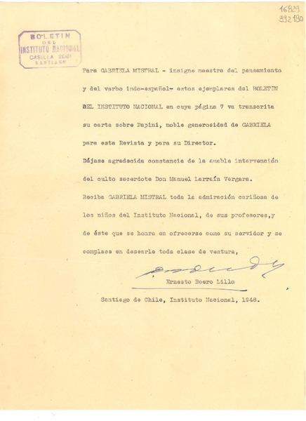 [Carta] 1948, Santiago de Chile [a] Gabriela Mistral