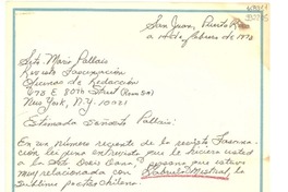 [Carta] 1978 feb. 19, San Juan, Puerto Rico [a] Srta. María Pallais, Revista Fascinación, Oficinas de Redacción, New York