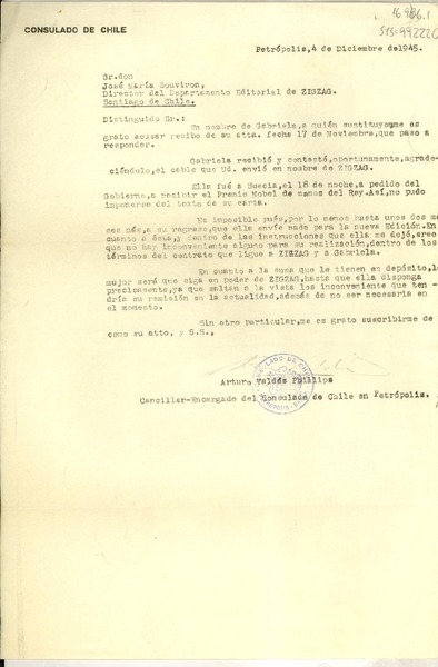[Carta] 1945 dic. 4, Petrópolis, [Brasil] [a] José María Souvirón, Santiago, Chile