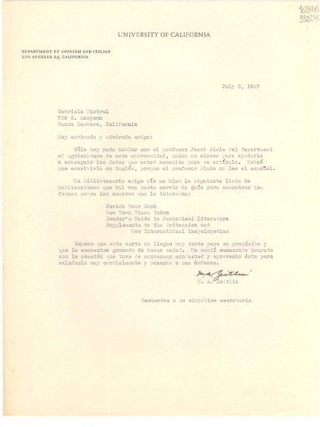 [Carta] 1947 jul. 3, Los Angeles, California, [Estados Unidos] [a] Gabriela Mistral, 729 E. Anapamu, Santa Barbara, California